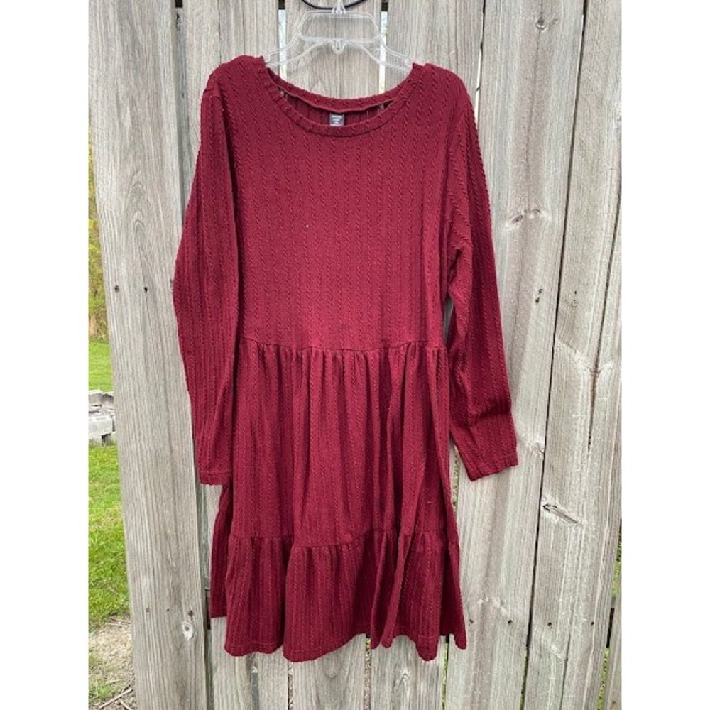 SHEIN Curve Burgundy Cable Knit Tiered Long‎ Sleeve Babydoll Dress 1XL JIT196514